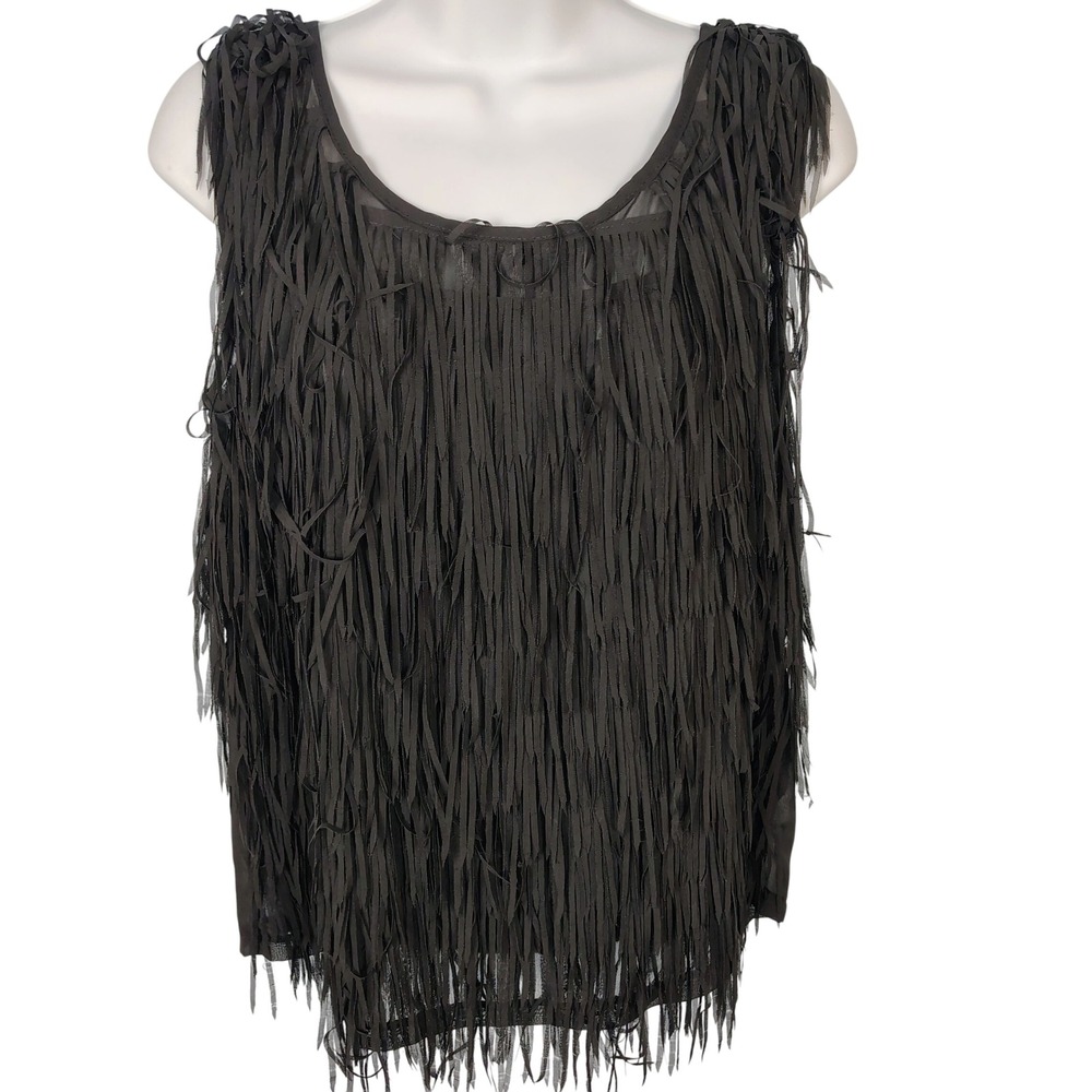 Pinky Women Black Fringe Sleeveless Top Sheer‎ Mesh Back Scoop Neck Size L
